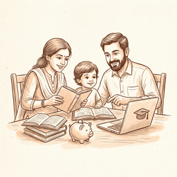 Happy family with books and piggy bank