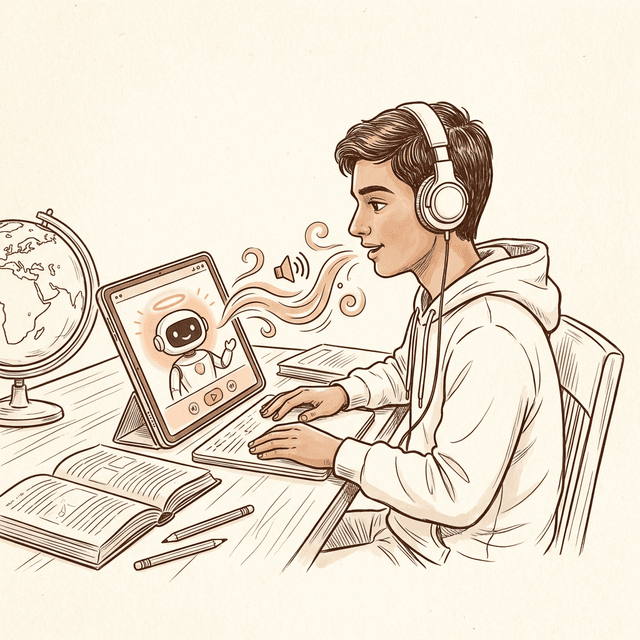 Student talking to AI tutor with voice waves